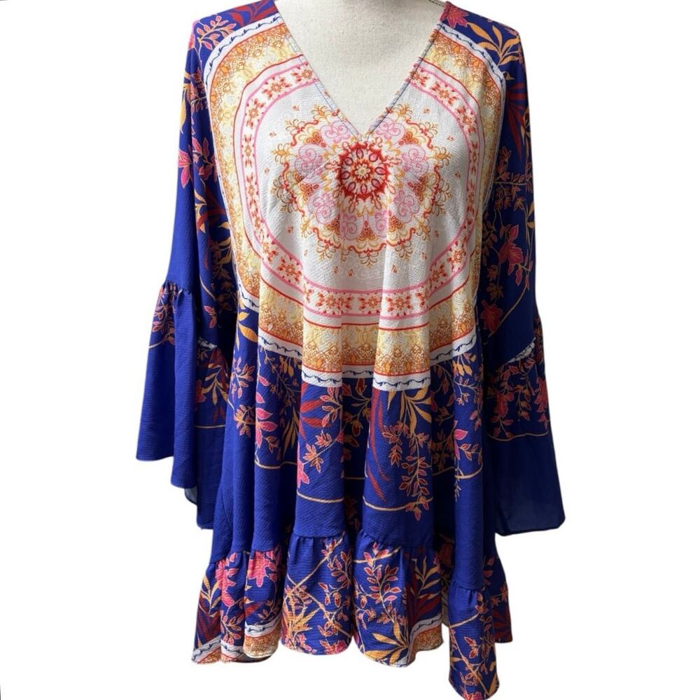 Umgee Blue Gold Bohemian Ruffle Sleeve Top Large